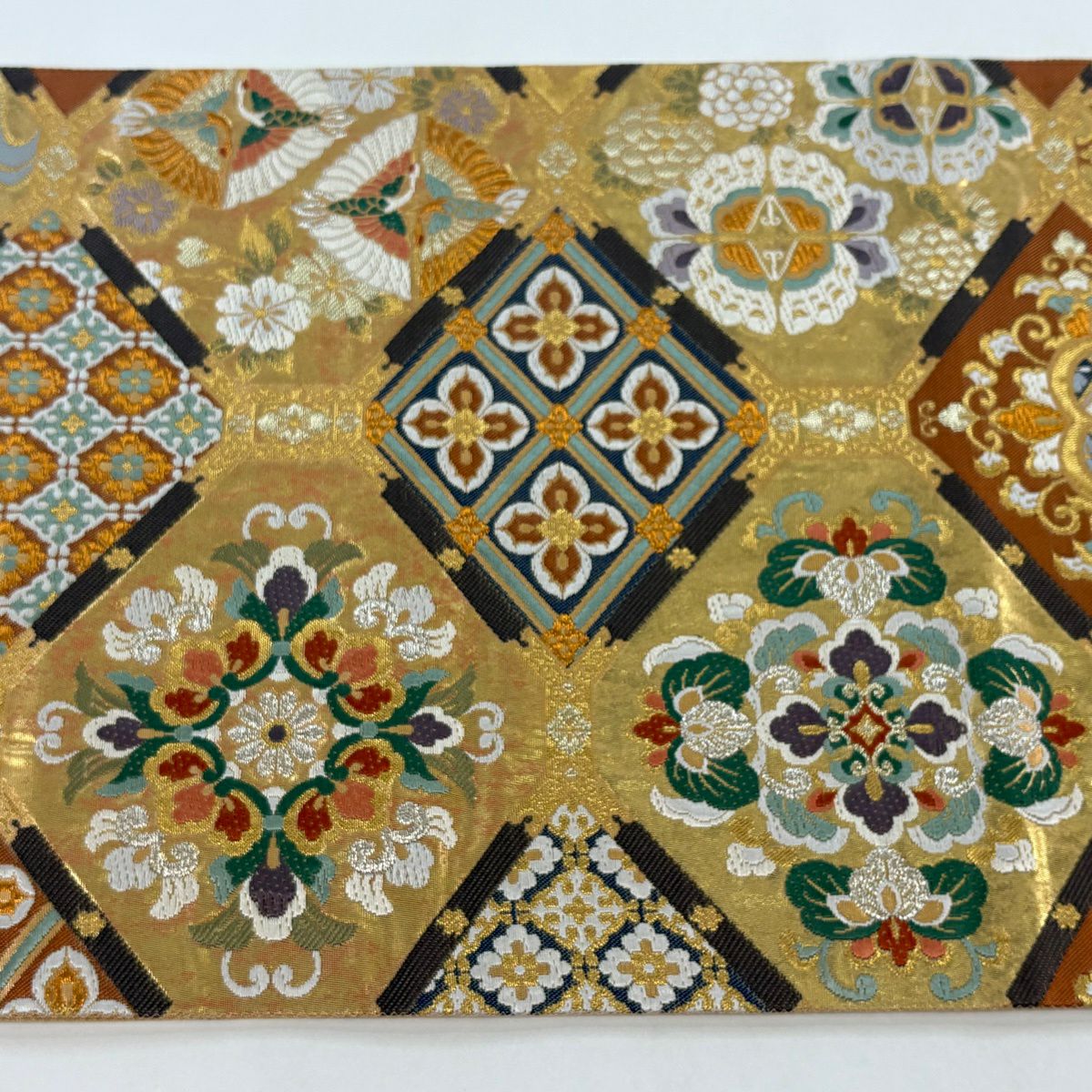 【美品】 袋帶 秀品級 天井畫蜀甲紋 花鳥 華紋 金銀絲 本金金箔 金色 六通 純蠶絲