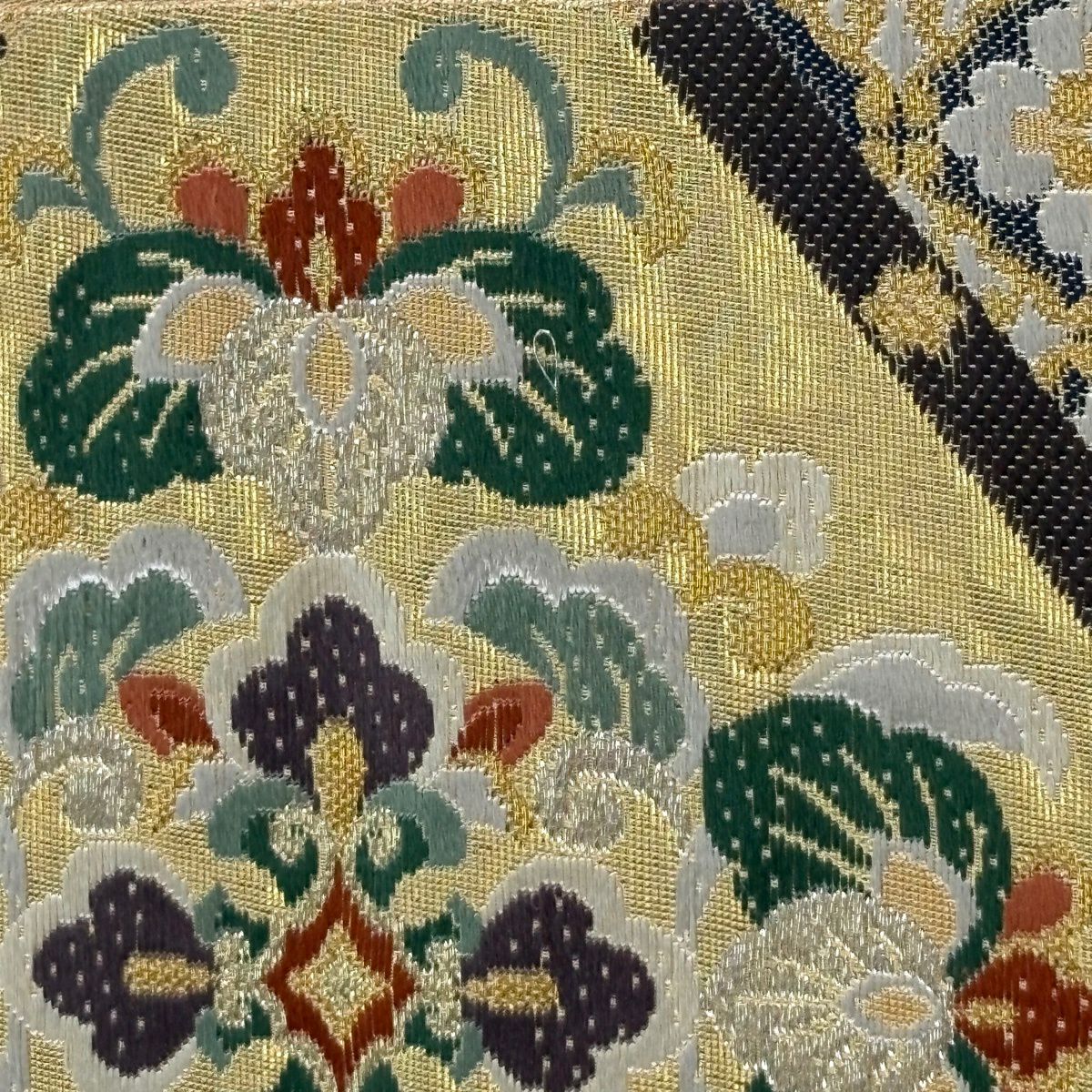 【美品】 袋帶 秀品級 天井畫蜀甲紋 花鳥 華紋 金銀絲 本金金箔 金色 六通 純蠶絲