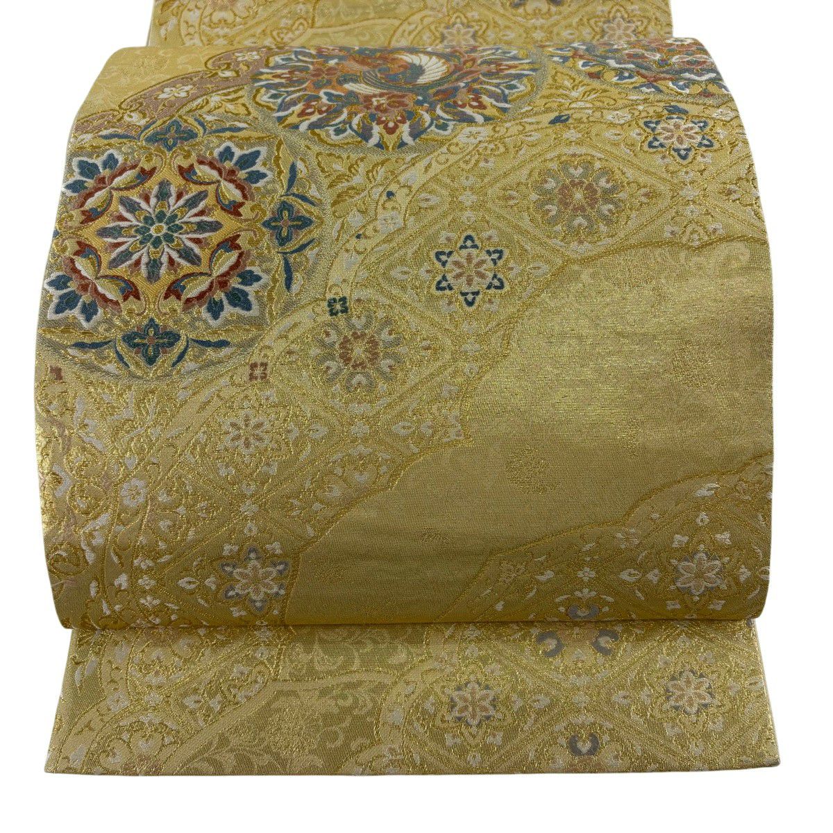 【美品】 袋帶 秀品級 華紋 鳥 金絲 金金箔 金色 六通 純蠶絲