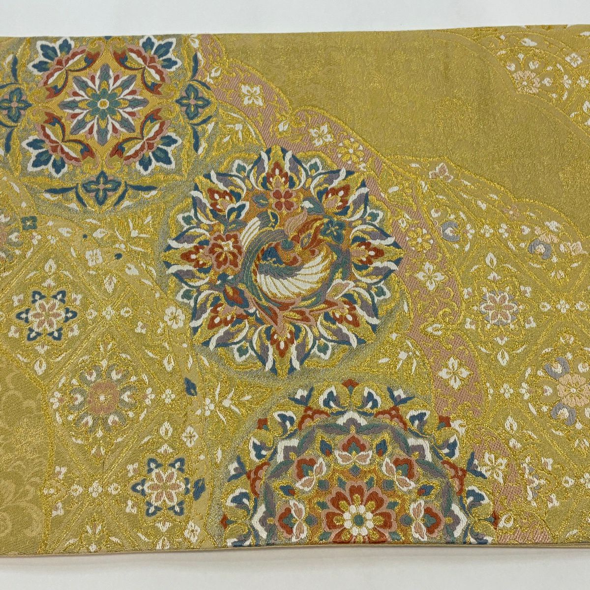 【美品】 袋帶 秀品級 華紋 鳥 金絲 金金箔 金色 六通 純蠶絲