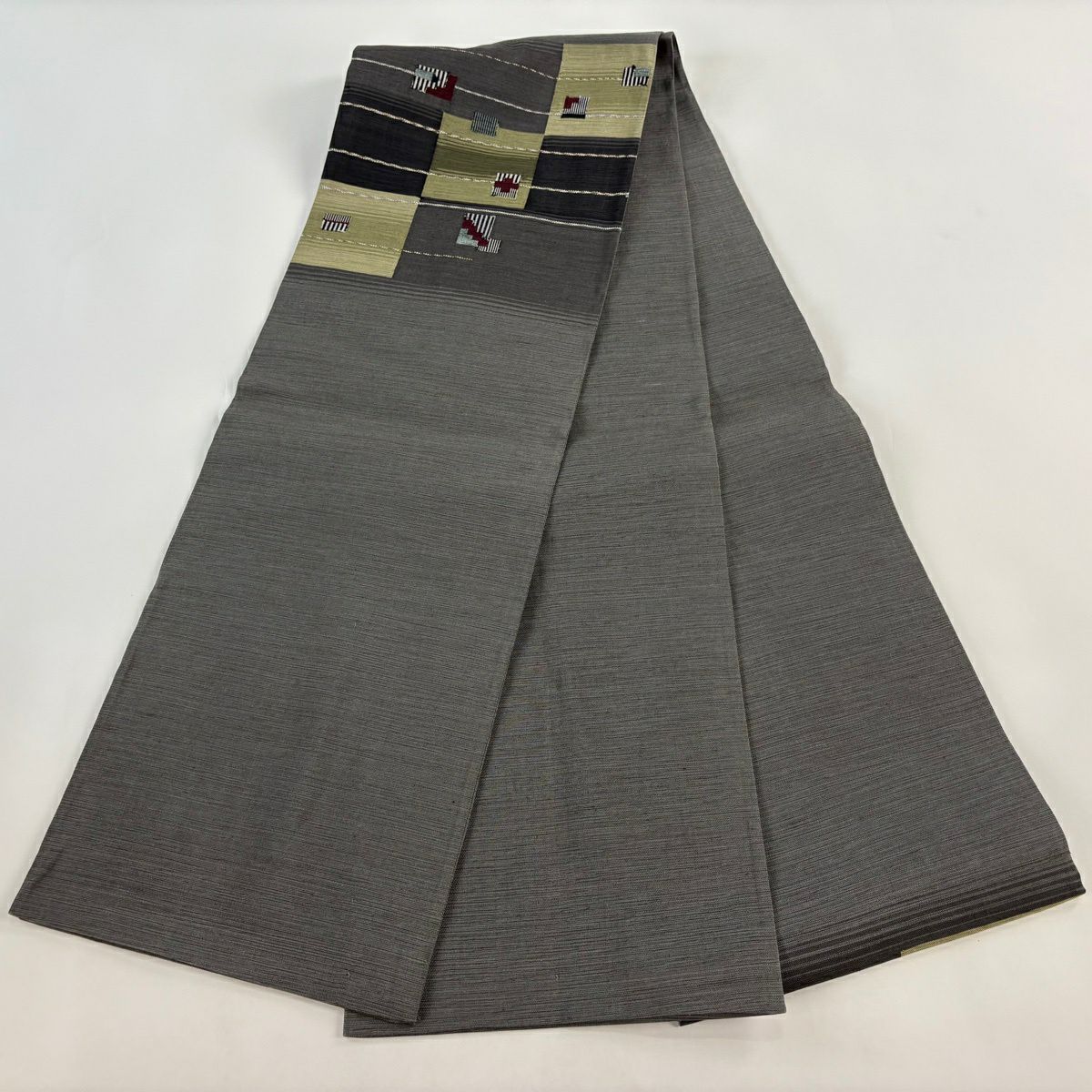 【美品】 袋帶 名古屋帶 秀品級 幾何學 灰色 純蠶絲