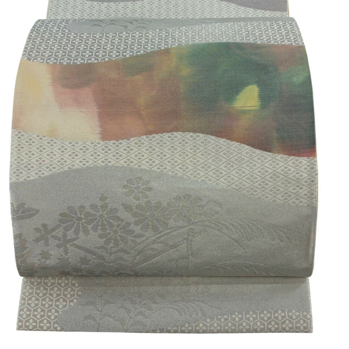 【美品】 袋帶 秀品級 龜甲 菊花 金銀彩 銀 六通 純蠶絲