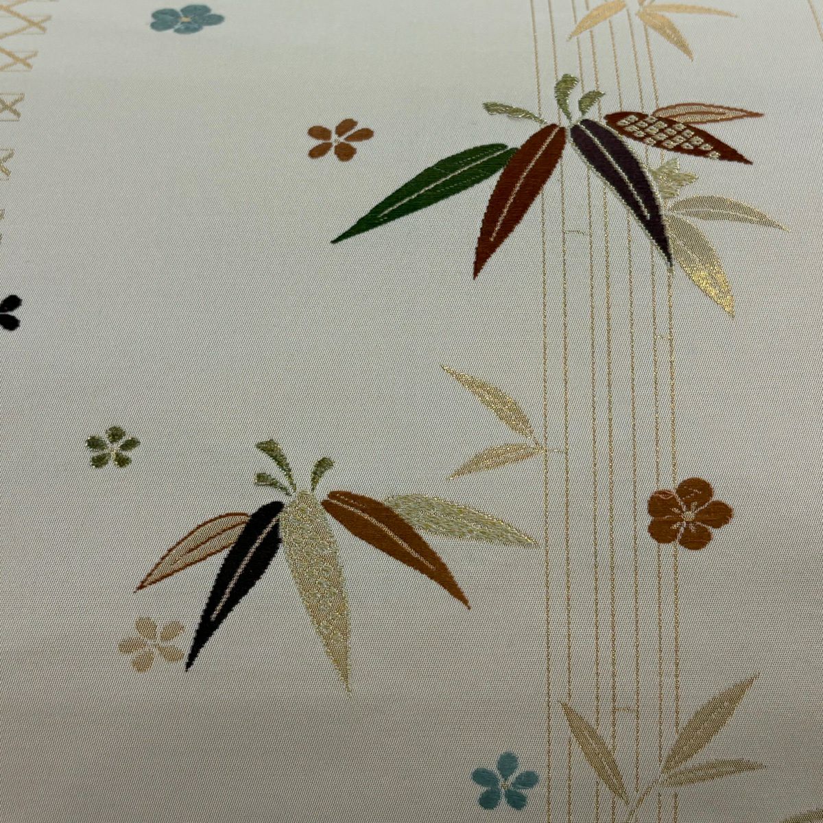 【美品】名古屋帶 秀品級 竹子葉 梅花花 金絲刺繡 淺粉色 純蠶絲