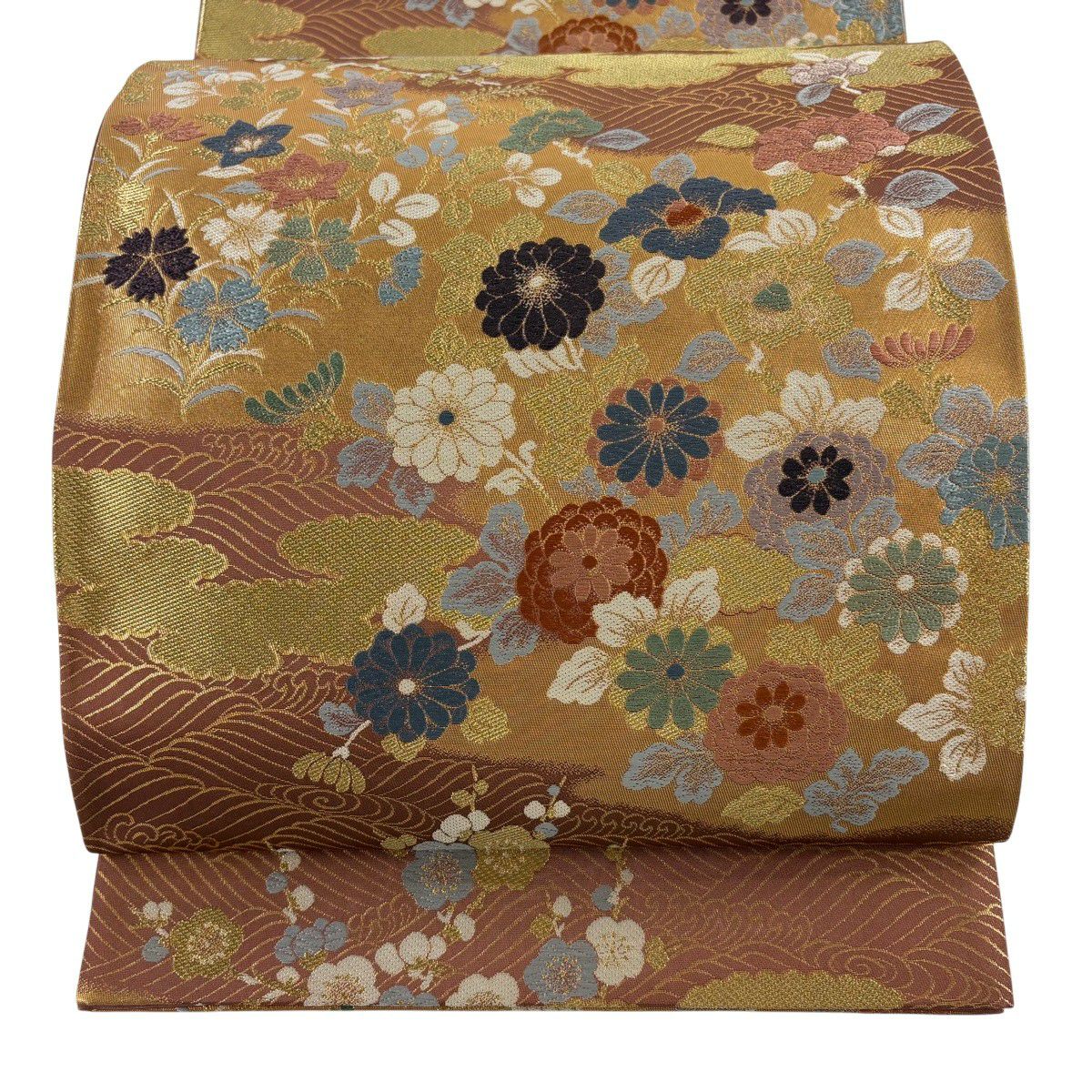 【美品】 袋帶 秀品級 菊花 波 金糸 金金箔 紅茶 六通 純蠶絲