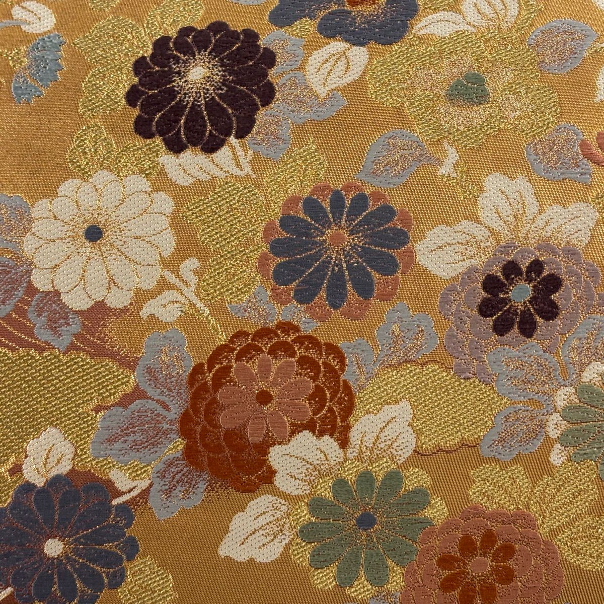 【美品】 袋帶 秀品級 菊花 波 金糸 金金箔 紅茶 六通 純蠶絲