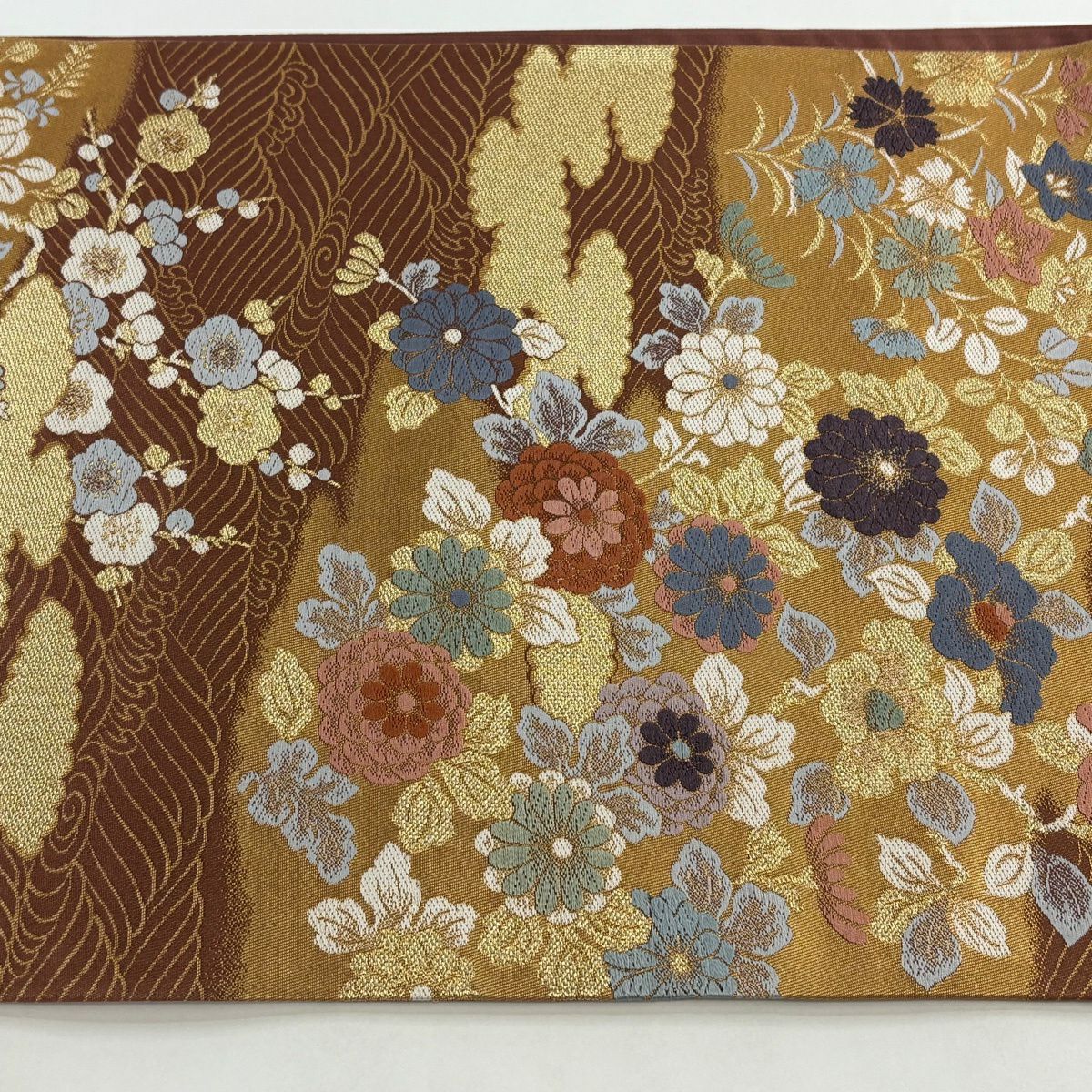 【美品】 袋帶 秀品級 菊花 波 金糸 金金箔 紅茶 六通 純蠶絲