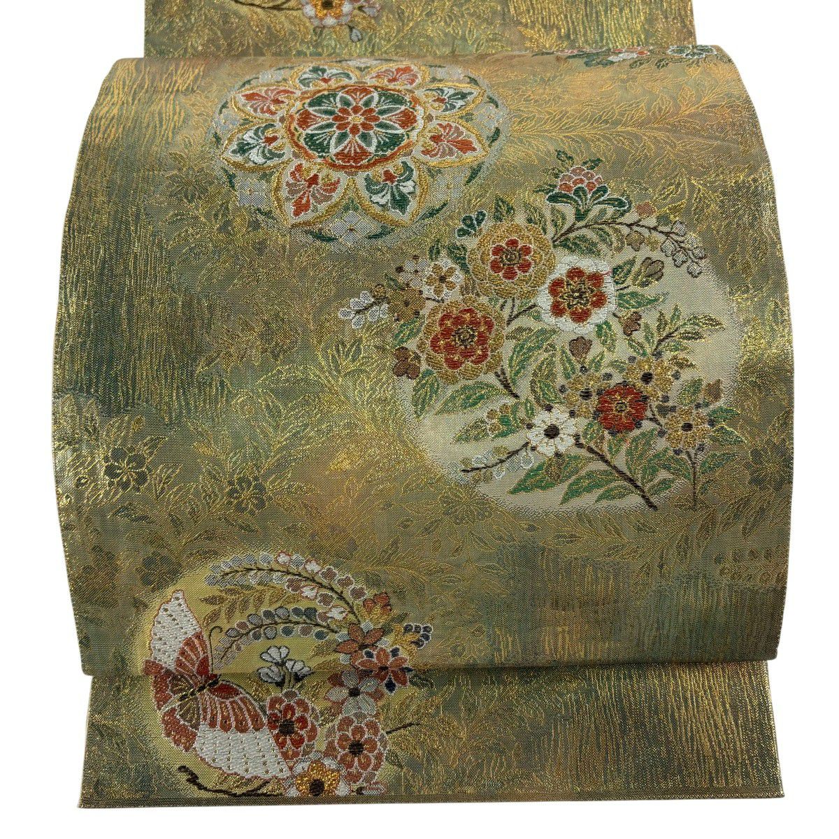 【美品】 袋帶 秀品級 華紋 草花紋 金絲 金金箔 金色 六通 純蠶絲