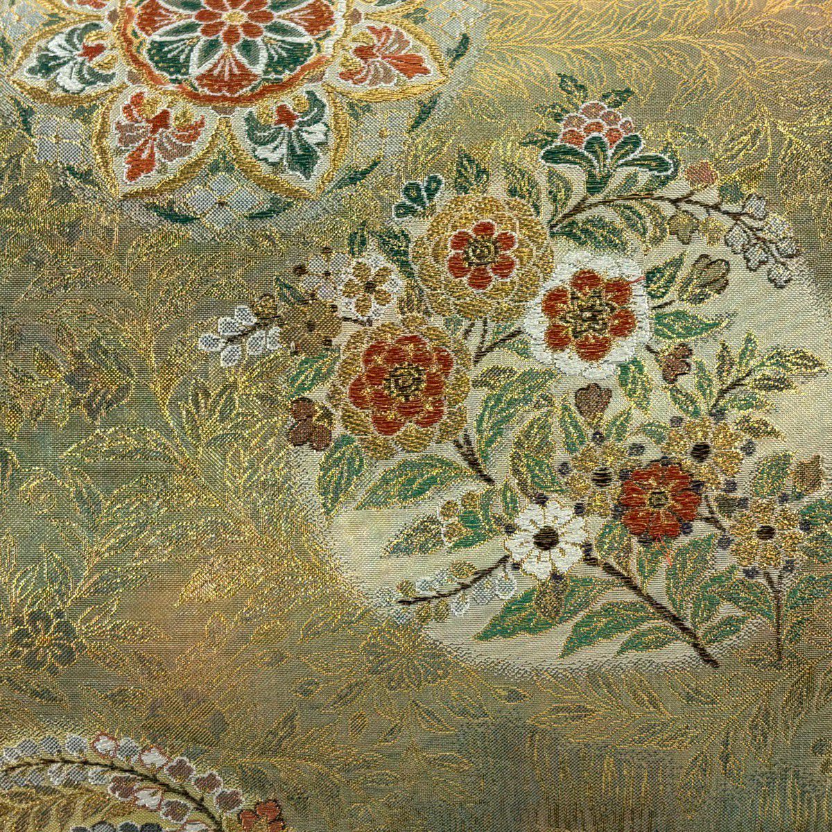 【美品】 袋帶 秀品級 華紋 草花紋 金絲 金金箔 金色 六通 純蠶絲
