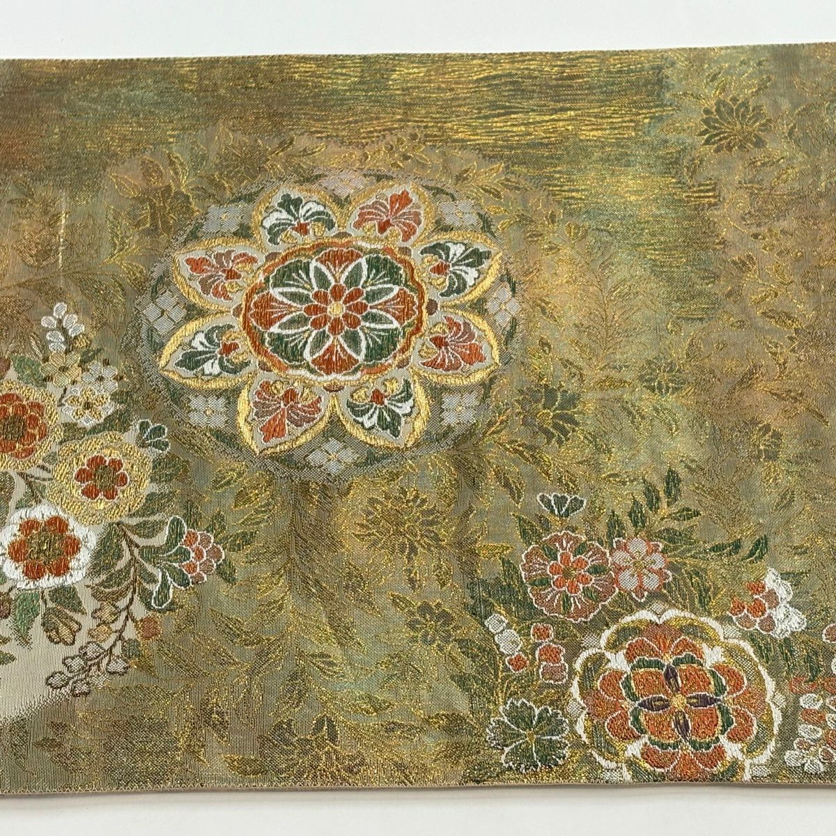 【美品】 袋帶 秀品級 華紋 草花紋 金絲 金金箔 金色 六通 純蠶絲