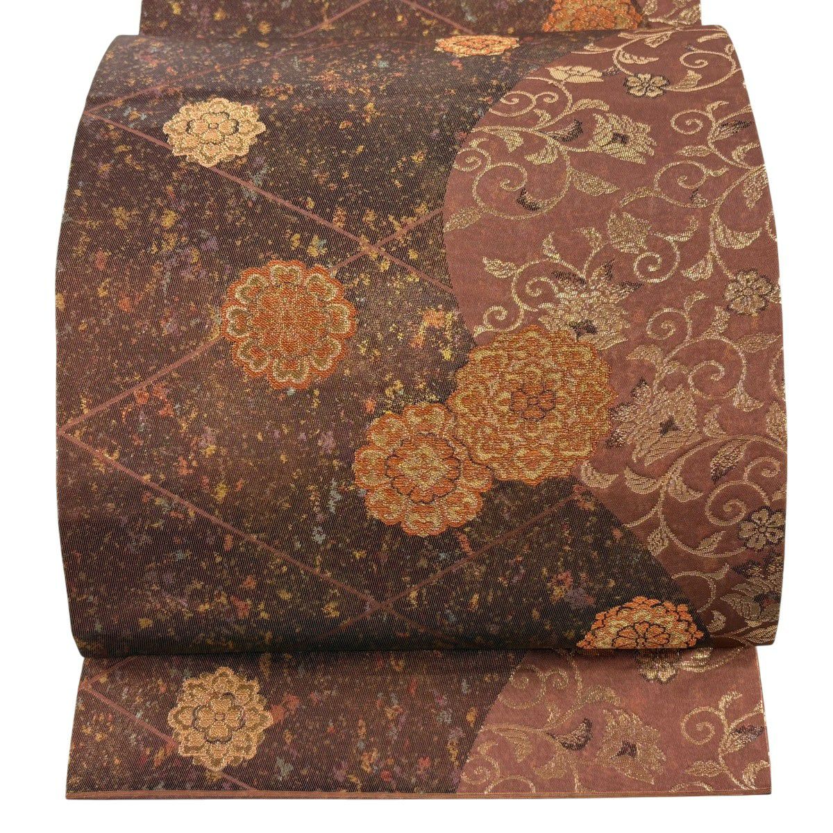 【美品】 袋帶 秀品級 關西仕立 華紋 花唐草紋 金絲 金金箔 紅茶 六通 純蠶絲