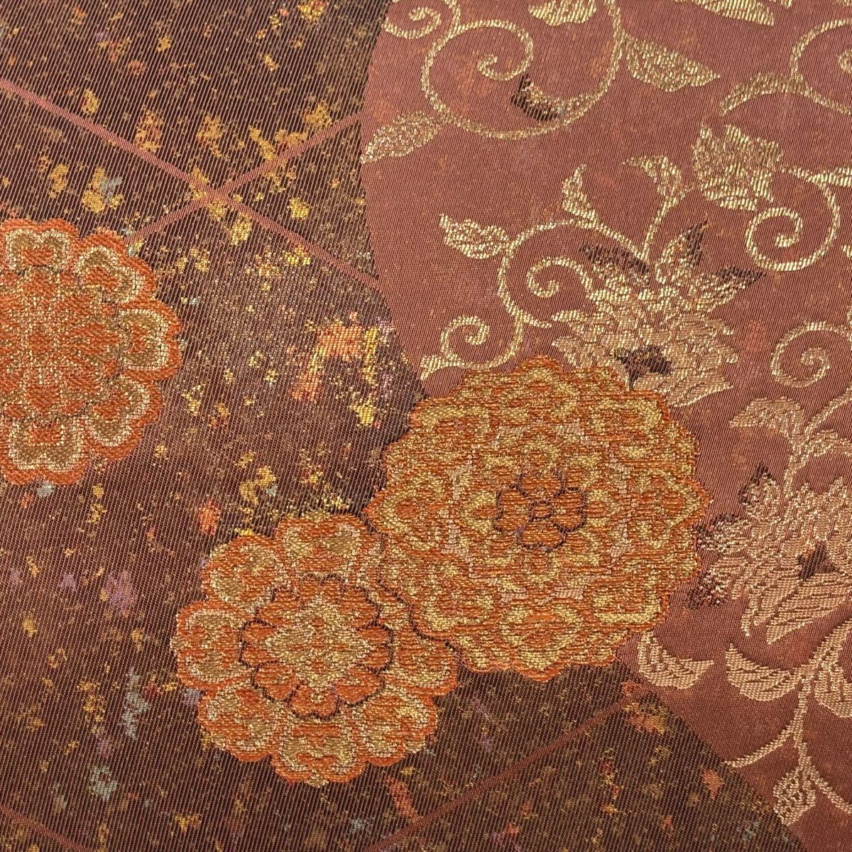 【美品】 袋帶 秀品級 關西仕立 華紋 花唐草紋 金絲 金金箔 紅茶 六通 純蠶絲