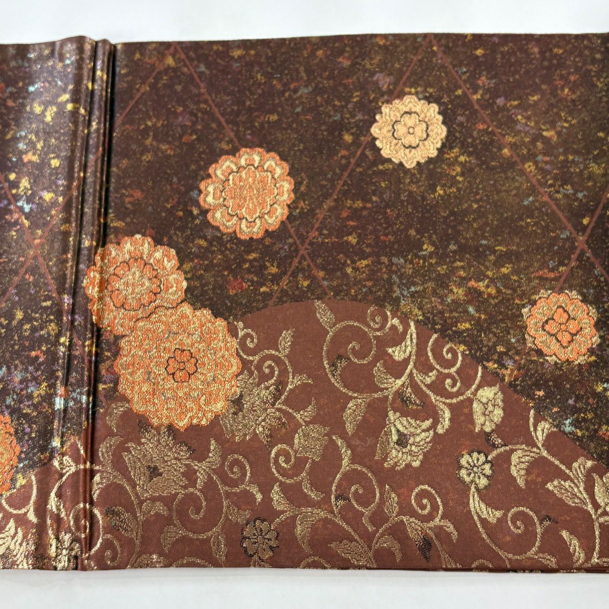 【美品】 袋帶 秀品級 關西仕立 華紋 花唐草紋 金絲 金金箔 紅茶 六通 純蠶絲