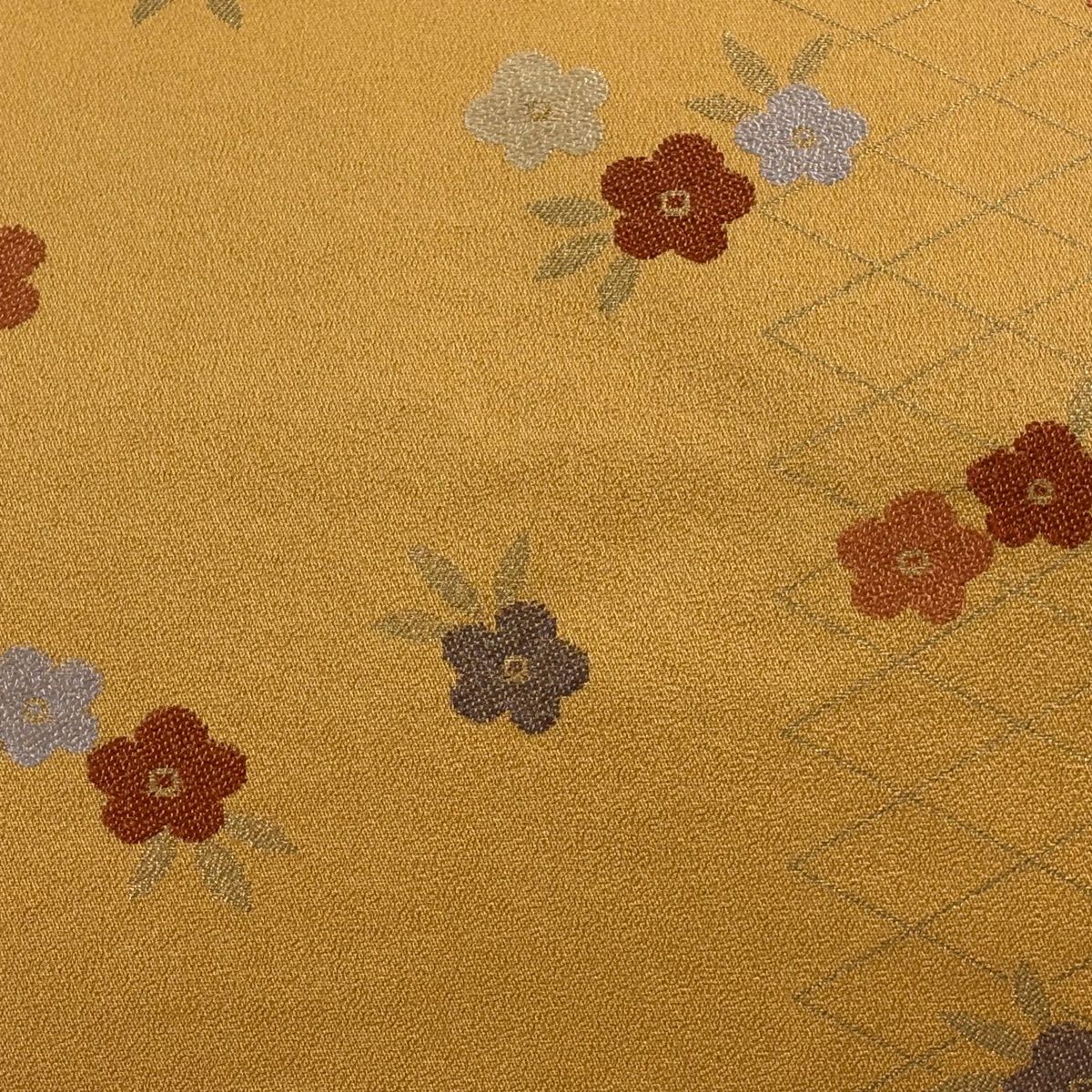 【美品】名古屋帶 秀品級 梅花 斜格紋 金金箔 山吹茶 純蠶絲