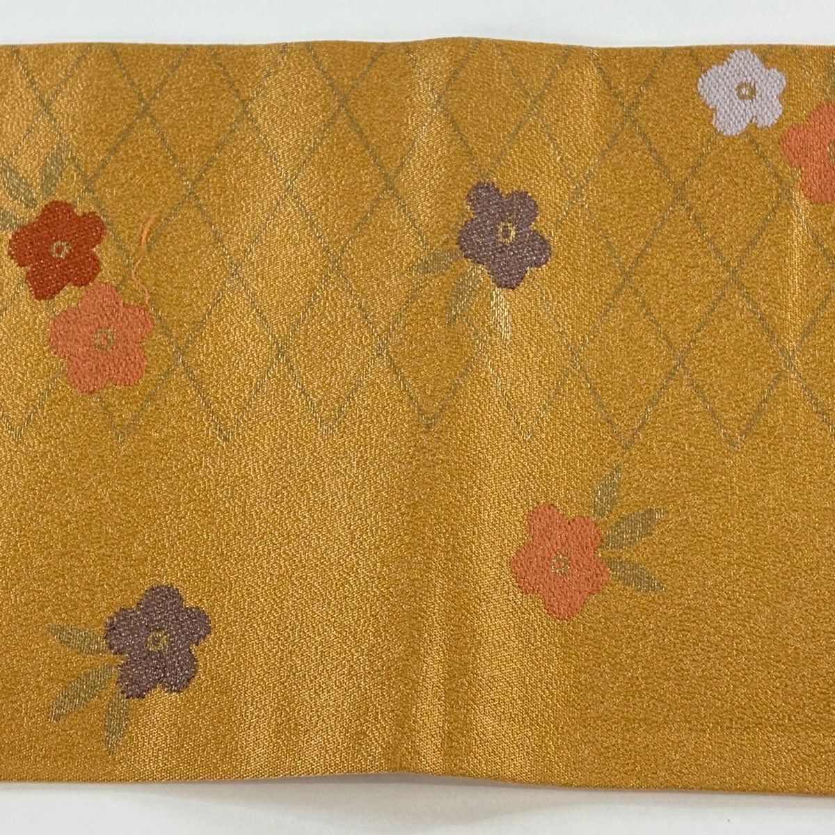 【美品】名古屋帶 秀品級 梅花 斜格紋 金金箔 山吹茶 純蠶絲