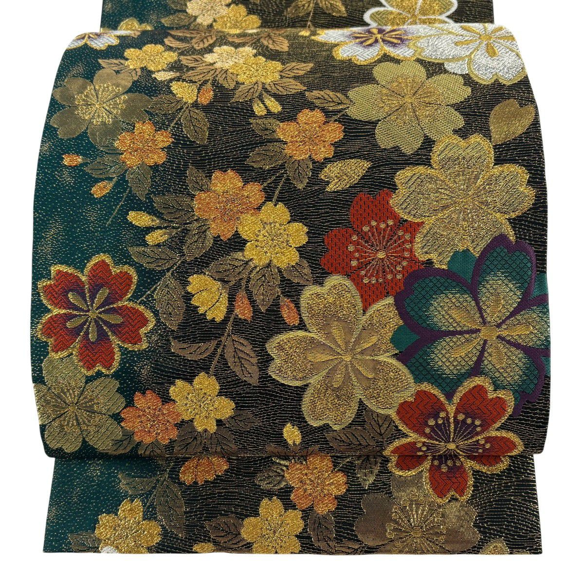 【美品】 袋帶 秀品級 櫻 花 金銀彩 金色 六通 純蠶絲