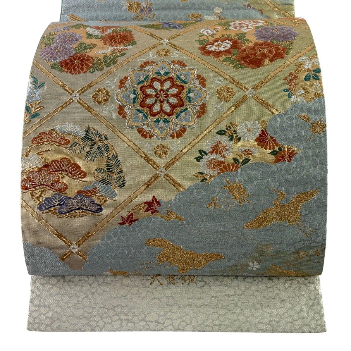 【美品】 袋帶 秀品級 天龍錦 華紋 花鳥 刺繡 金銀彩 青灰 六通 純蠶絲