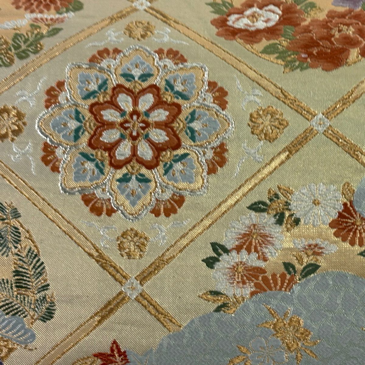 【美品】 袋帶 秀品級 天龍錦 華紋 花鳥 刺繡 金銀彩 青灰 六通 純蠶絲