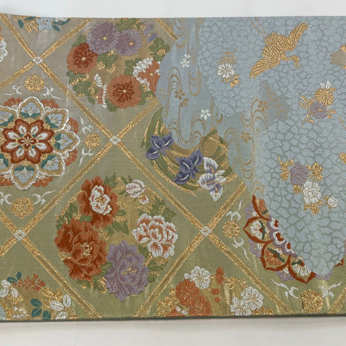 【美品】 袋帶 秀品級 天龍錦 華紋 花鳥 刺繡 金銀彩 青灰 六通 純蠶絲