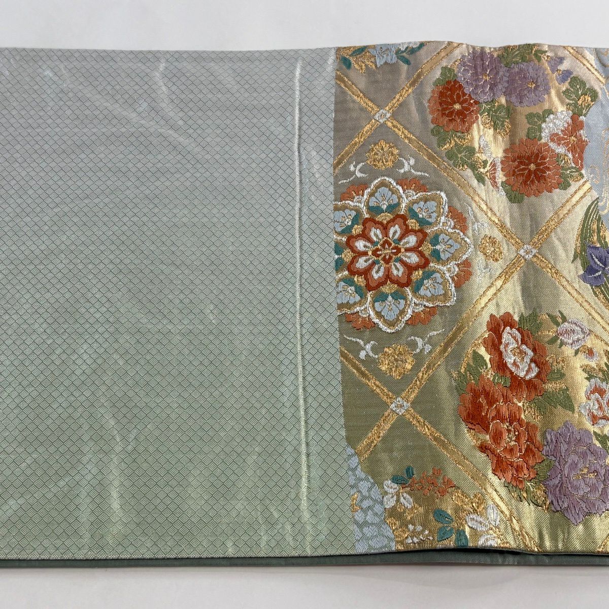 【美品】 袋帶 秀品級 天龍錦 華紋 花鳥 刺繡 金銀彩 青灰 六通 純蠶絲