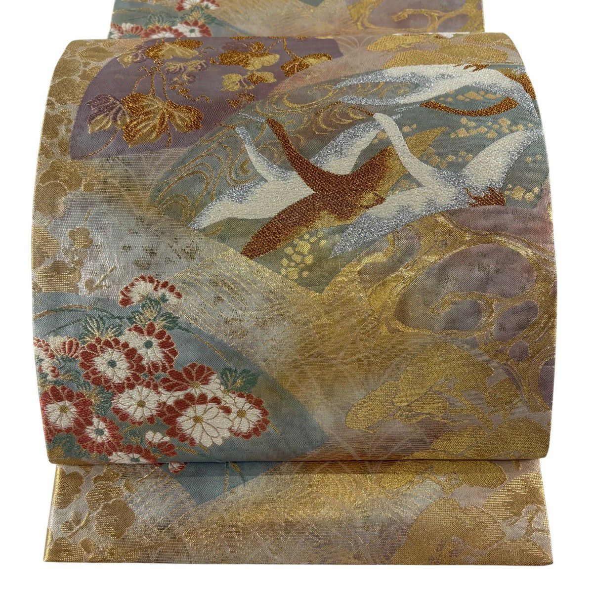 【美品】 袋帶 秀品級 仙鶴 枝梅花 金金箔 刺繡 金 六通 純蠶絲