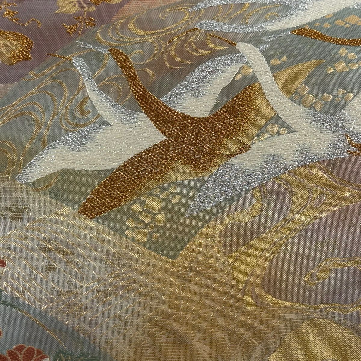 【美品】 袋帶 秀品級 仙鶴 枝梅花 金金箔 刺繡 金 六通 純蠶絲