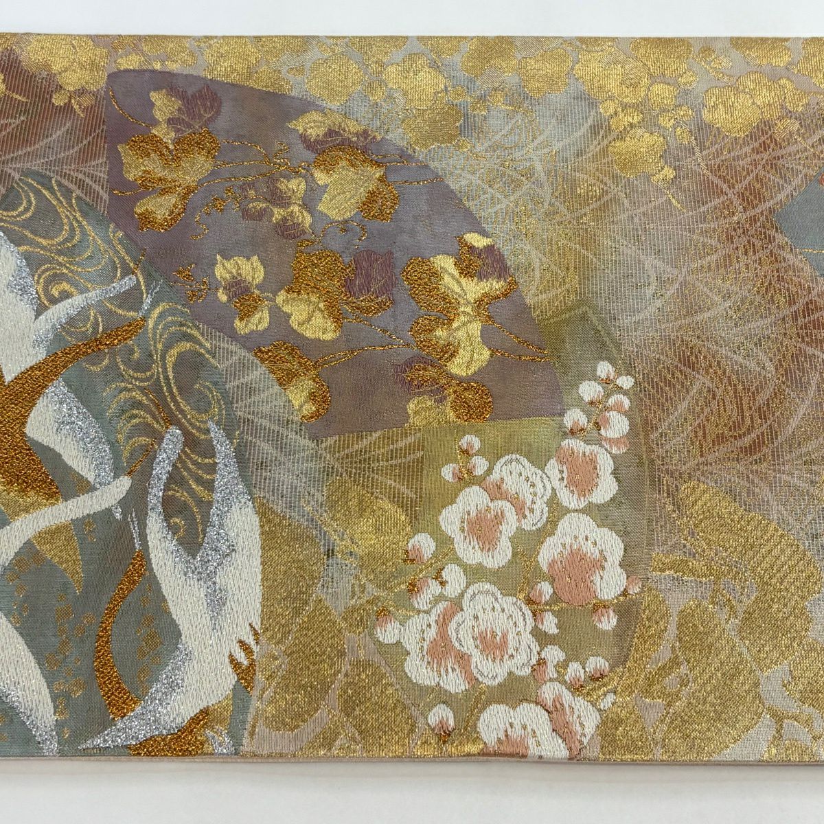 【美品】 袋帶 秀品級 仙鶴 枝梅花 金金箔 刺繡 金 六通 純蠶絲