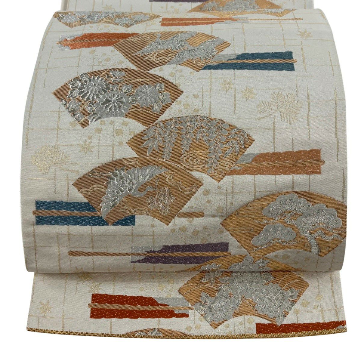 【美品】 袋帶 秀品級 花鳥 扇子面 刺繡 金金箔 奶油 六通 純蠶絲