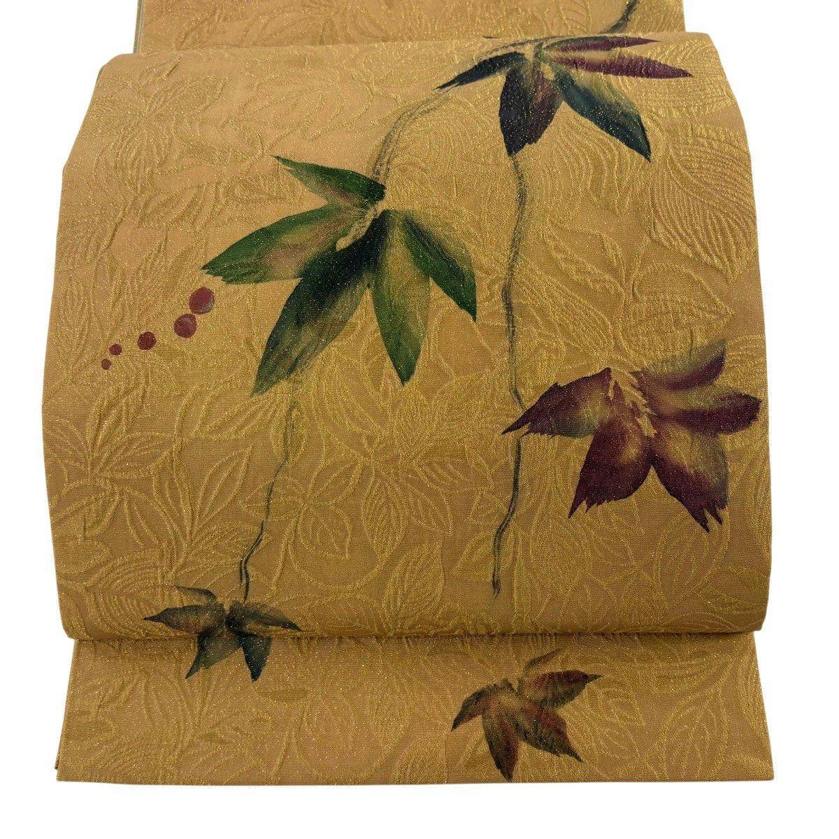 【美品】 袋帶 秀品級 落款あり 鵬翔 葉柄 地紋 金通し 山吹 深黃 紋樣 正蠶絲