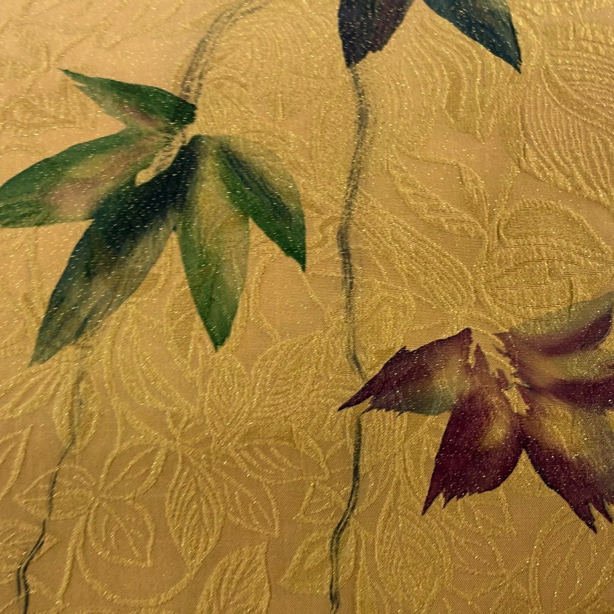 【美品】 袋帶 秀品級 落款あり 鵬翔 葉柄 地紋 金通し 山吹 深黃 紋樣 正蠶絲