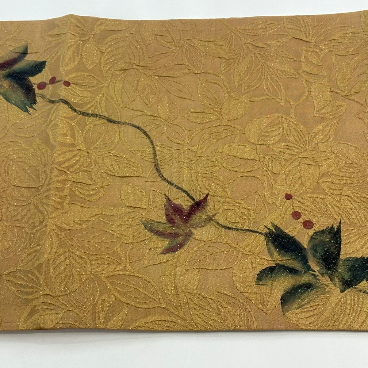 【美品】 袋帶 秀品級 落款あり 鵬翔 葉柄 地紋 金通し 山吹 深黃 紋樣 正蠶絲