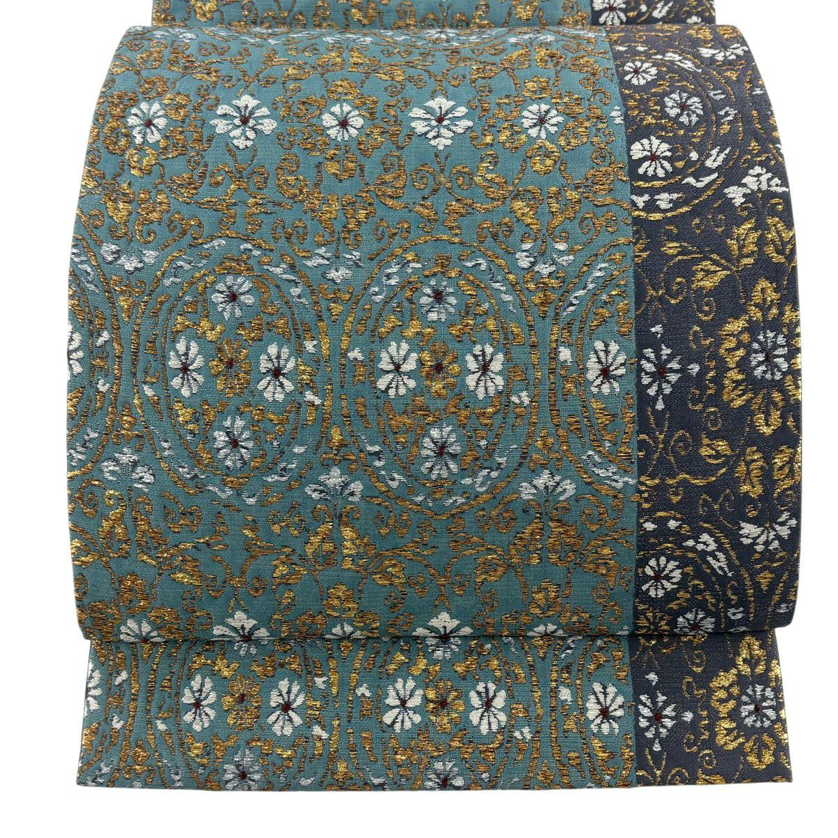 【美品】 袋帶 秀品級 草花紋紋 金金箔 刺繡 青灰 深藍色 六通 純蠶絲