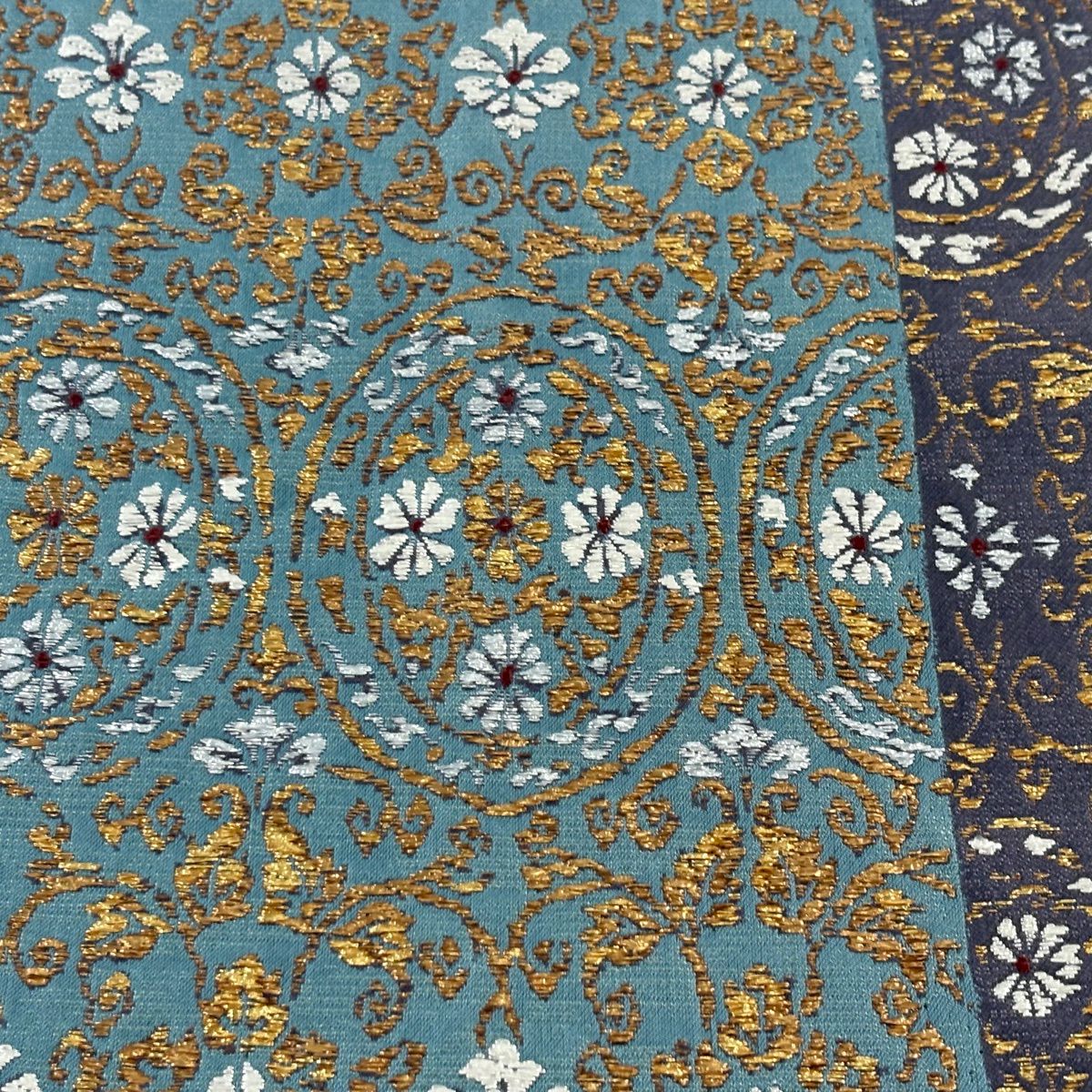 【美品】 袋帶 秀品級 草花紋紋 金金箔 刺繡 青灰 深藍色 六通 純蠶絲
