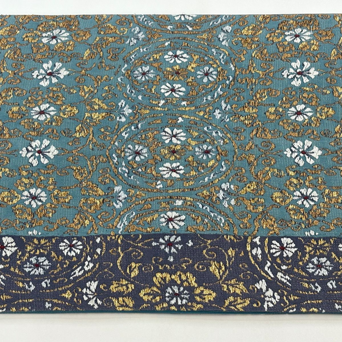 【美品】 袋帶 秀品級 草花紋紋 金金箔 刺繡 青灰 深藍色 六通 純蠶絲