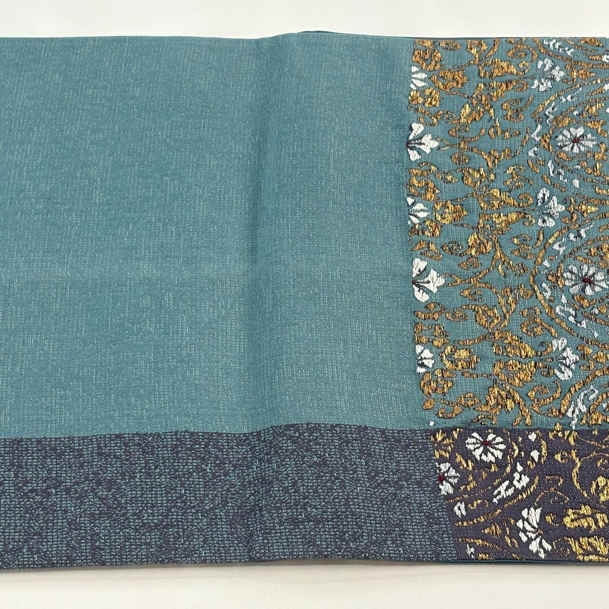 【美品】 袋帶 秀品級 草花紋紋 金金箔 刺繡 青灰 深藍色 六通 純蠶絲