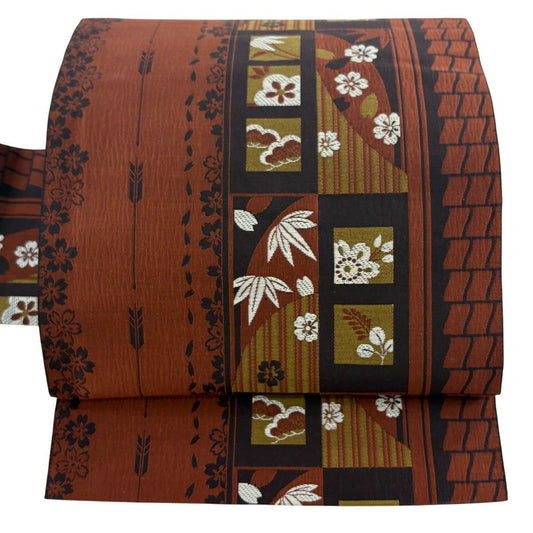 【美品】名古屋帶 秀品級 松樹竹子梅花 櫻花 茶 純蠶絲