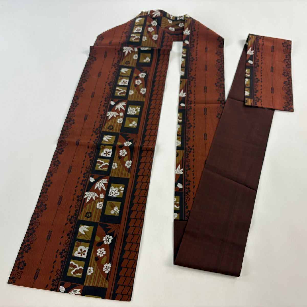 【美品】名古屋帶 秀品級 松樹竹子梅花 櫻花 茶 純蠶絲