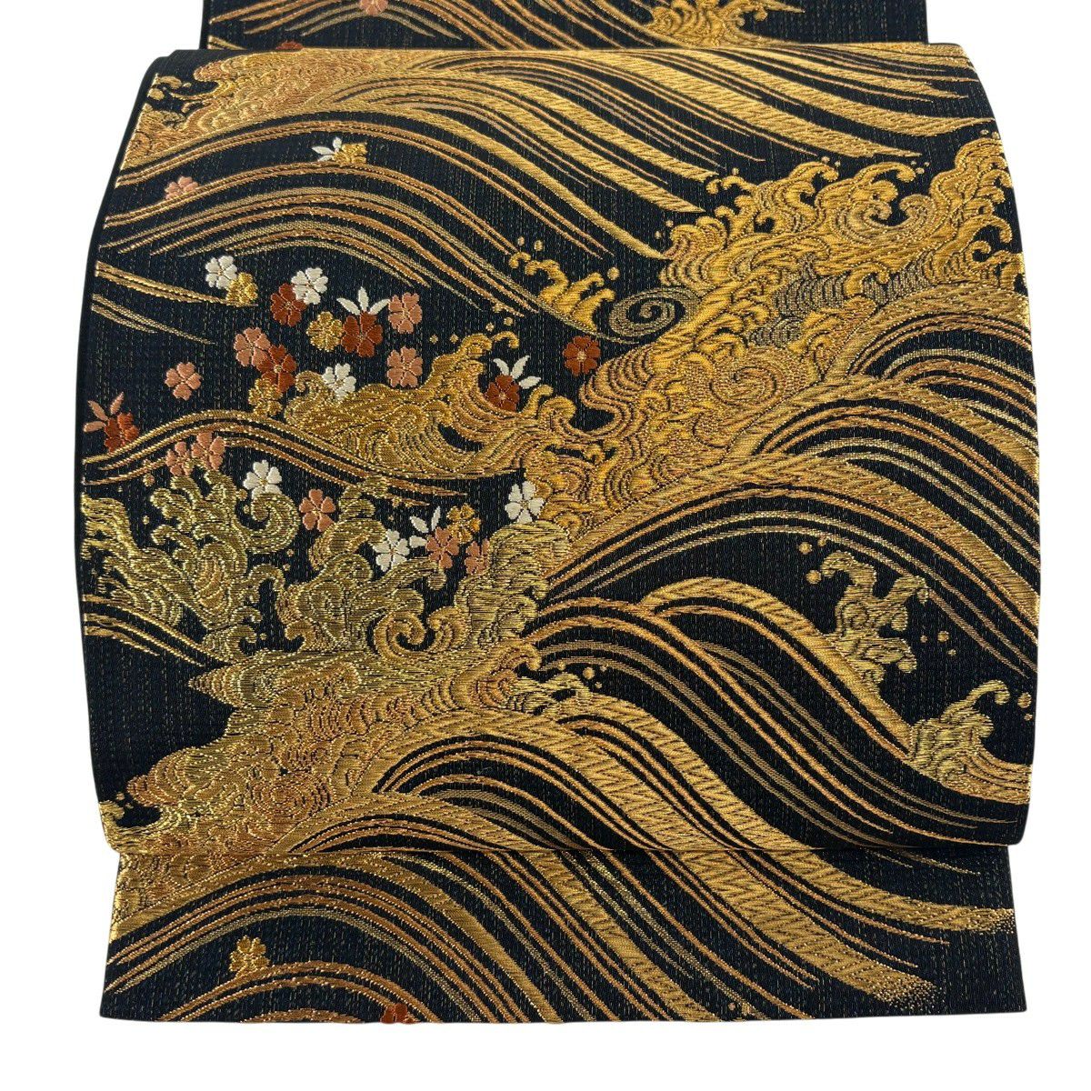 【美品】 袋帶 秀品級 波 櫻花 刺繡 金線 黑 六通 純蠶絲