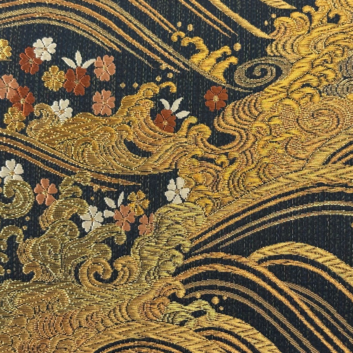 【美品】 袋帶 秀品級 波 櫻花 刺繡 金線 黑 六通 純蠶絲