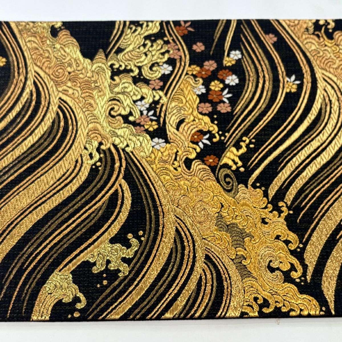 【美品】 袋帶 秀品級 波 櫻花 刺繡 金線 黑 六通 純蠶絲