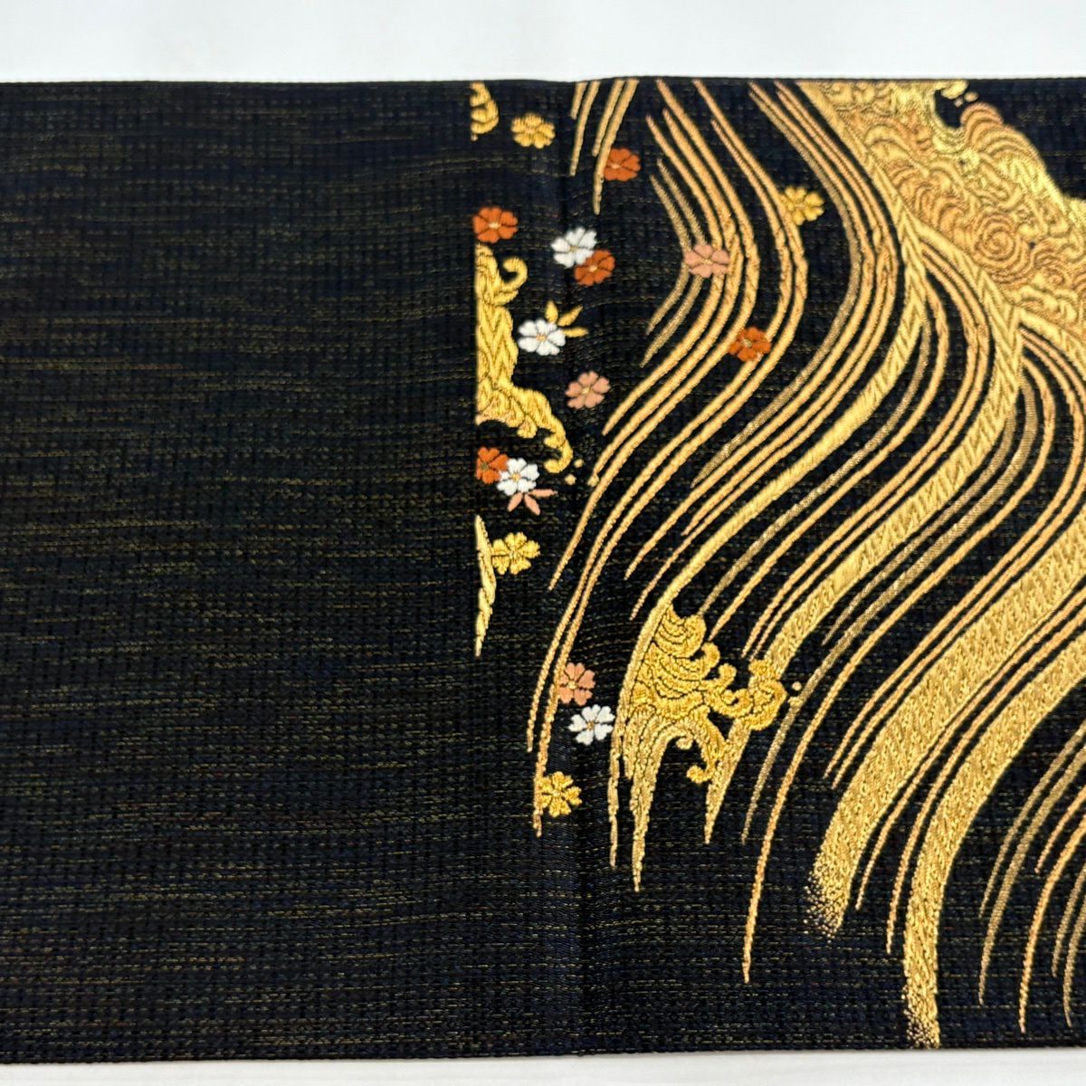【美品】 袋帶 秀品級 波 櫻花 刺繡 金線 黑 六通 純蠶絲