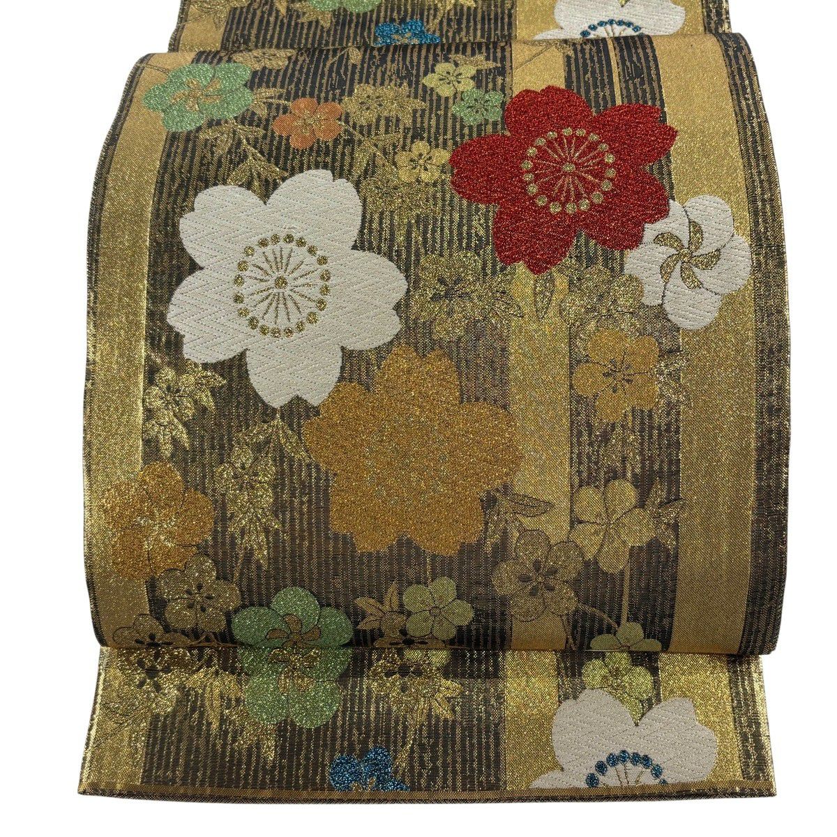 【美品】 袋帶 秀品級 櫻花 梅花花 金金箔 金色 六通 純蠶絲