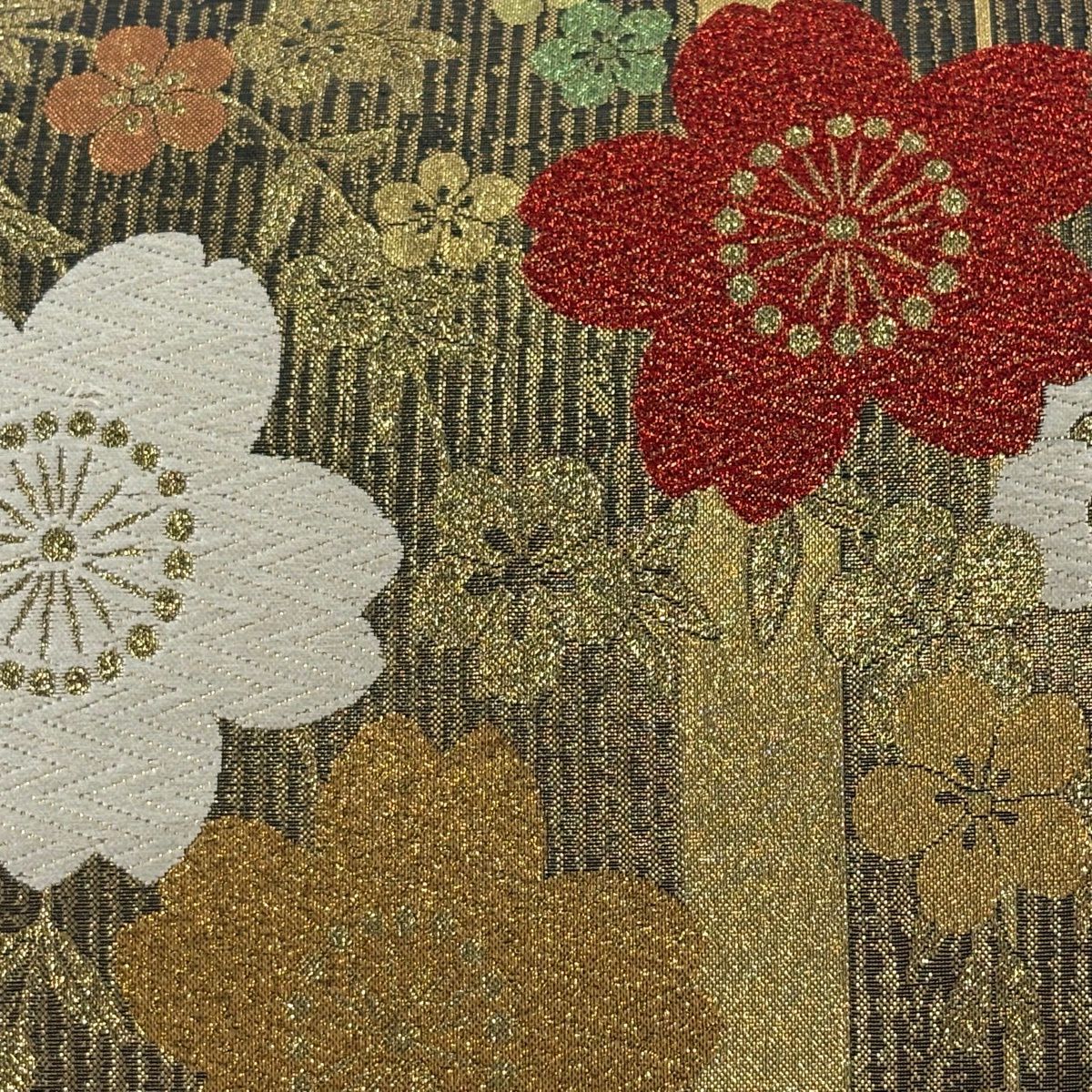 【美品】 袋帶 秀品級 櫻花 梅花花 金金箔 金色 六通 純蠶絲