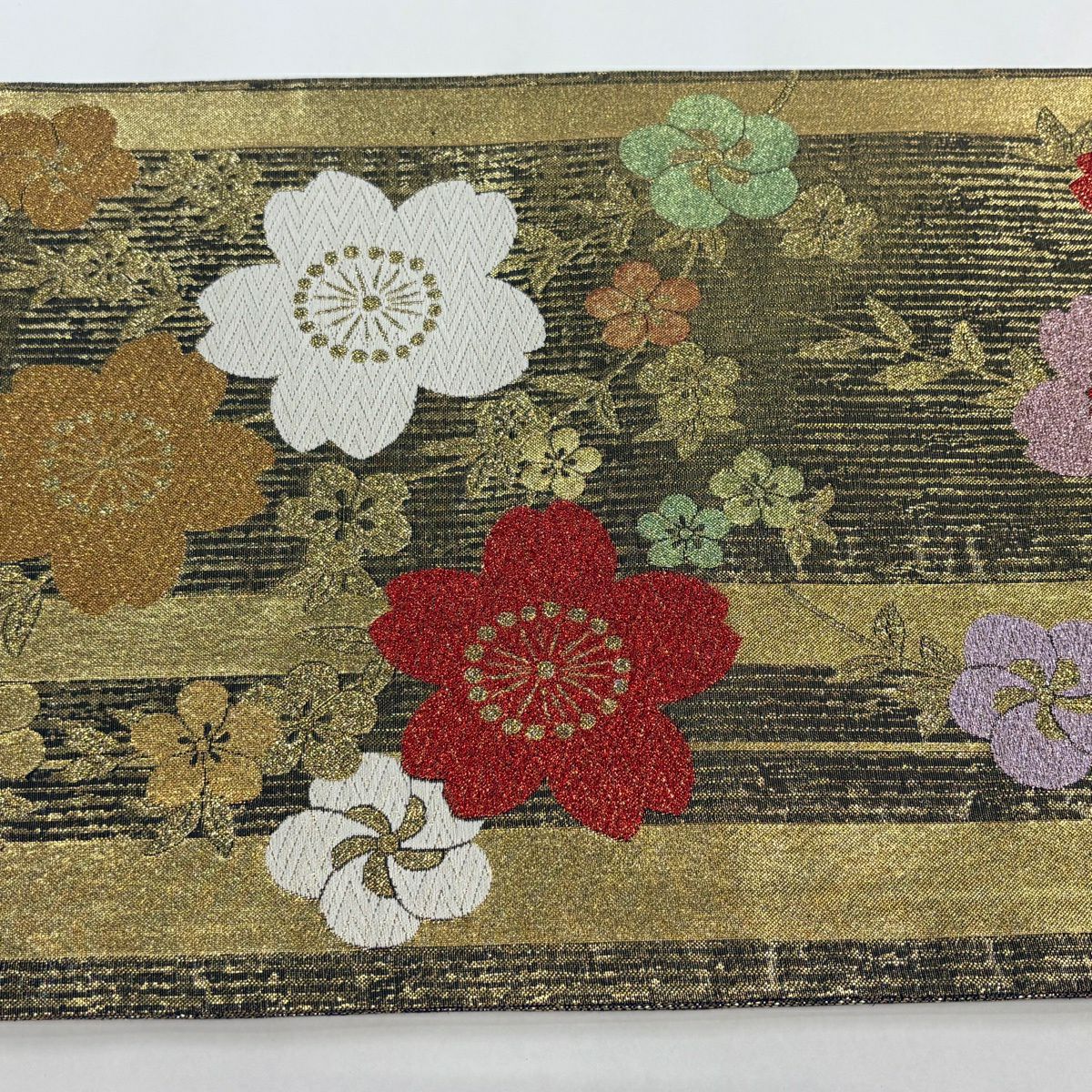 【美品】 袋帶 秀品級 櫻花 梅花花 金金箔 金色 六通 純蠶絲