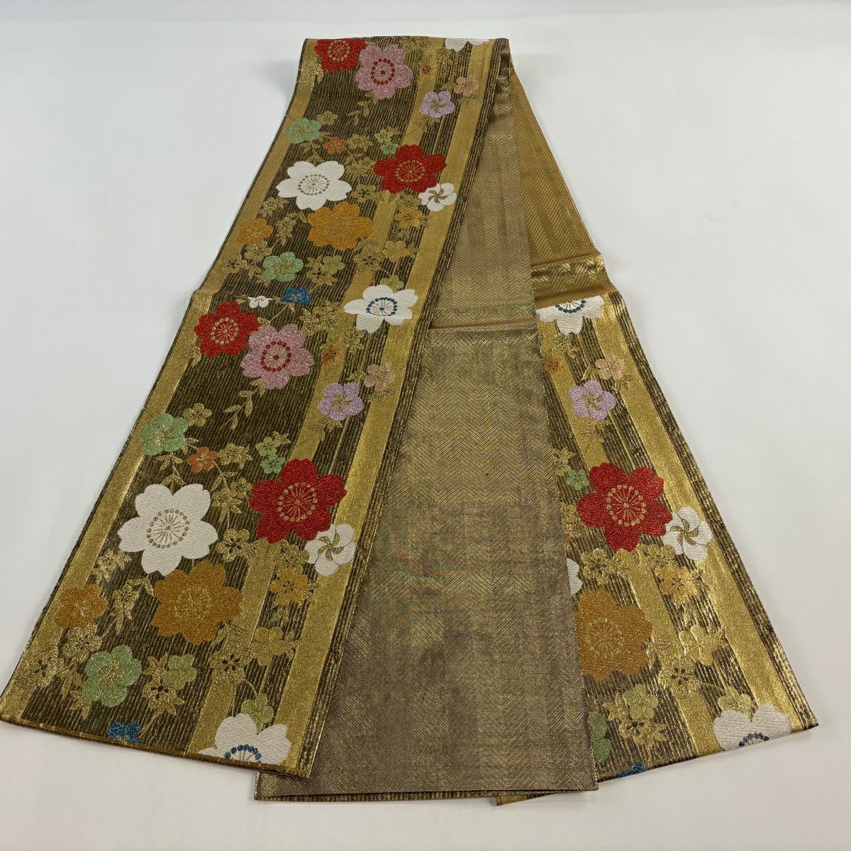 【美品】 袋帶 秀品級 櫻花 梅花花 金金箔 金色 六通 純蠶絲