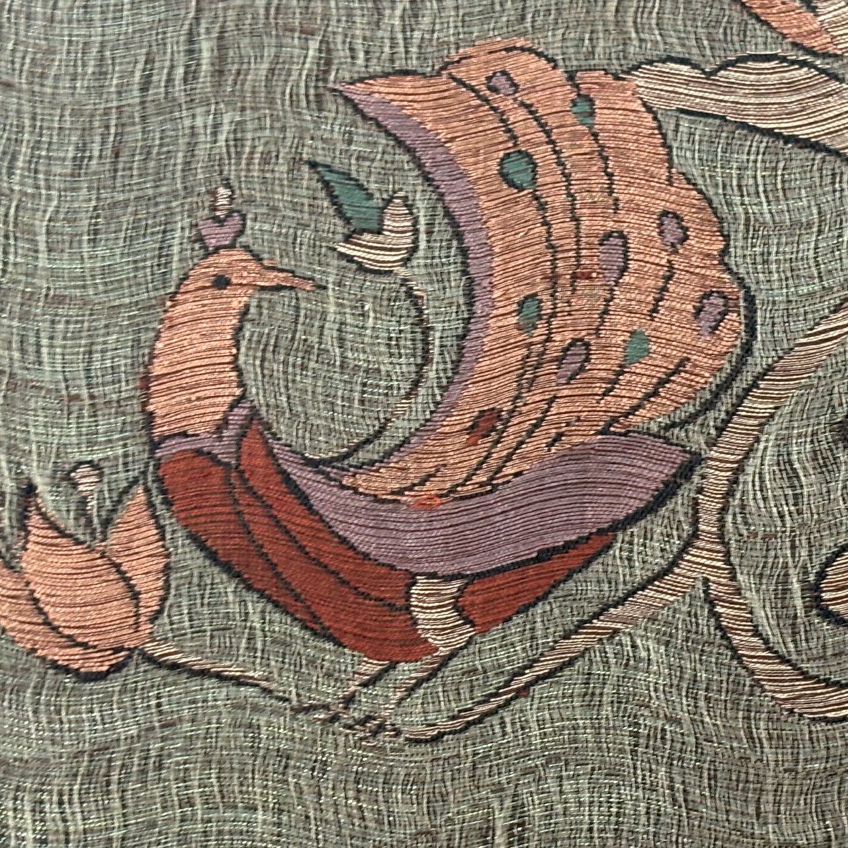 【美品】 袋帶 秀品級 草花紋紋 鳥 金金箔 灰綠 六通 純蠶絲