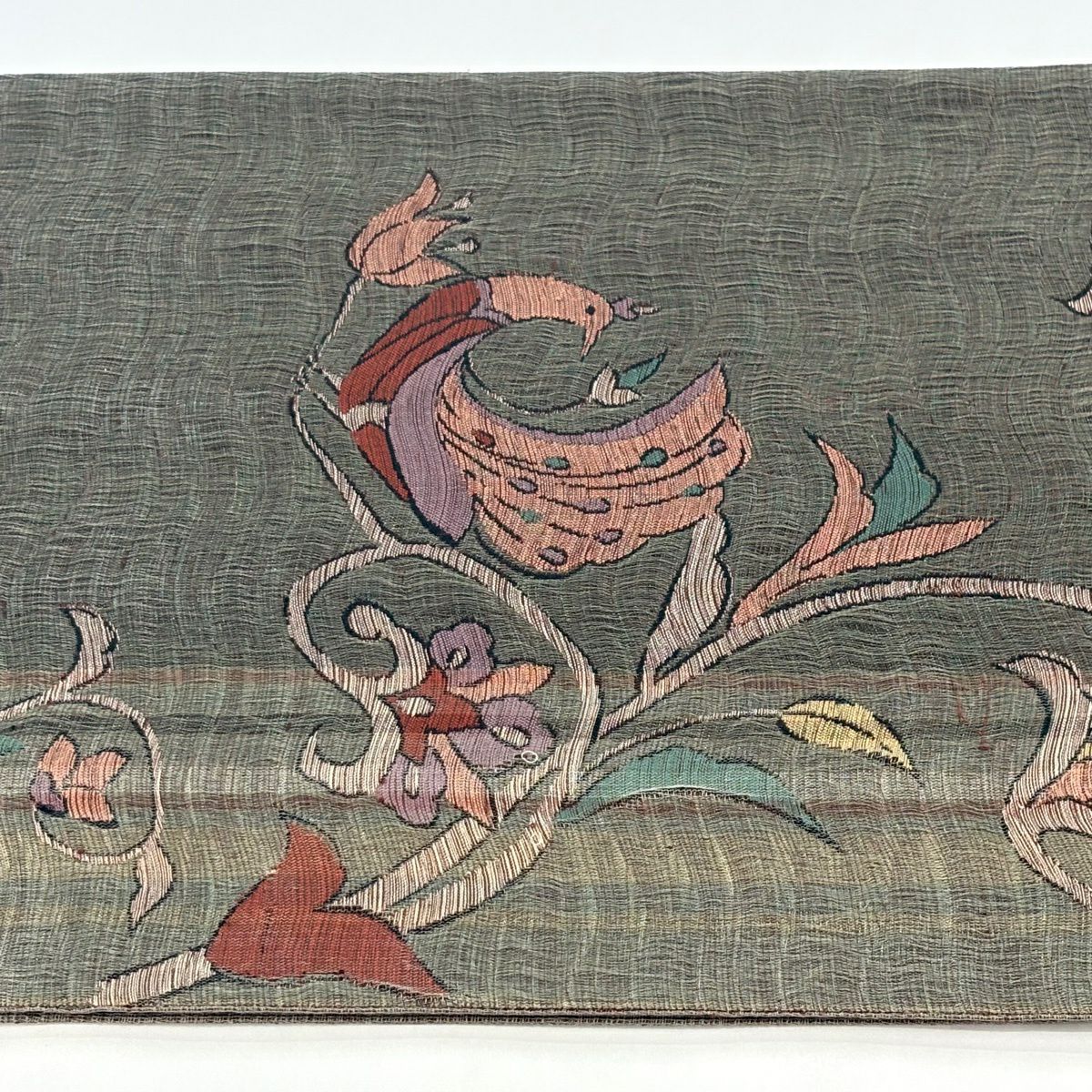 【美品】 袋帶 秀品級 草花紋紋 鳥 金金箔 灰綠 六通 純蠶絲