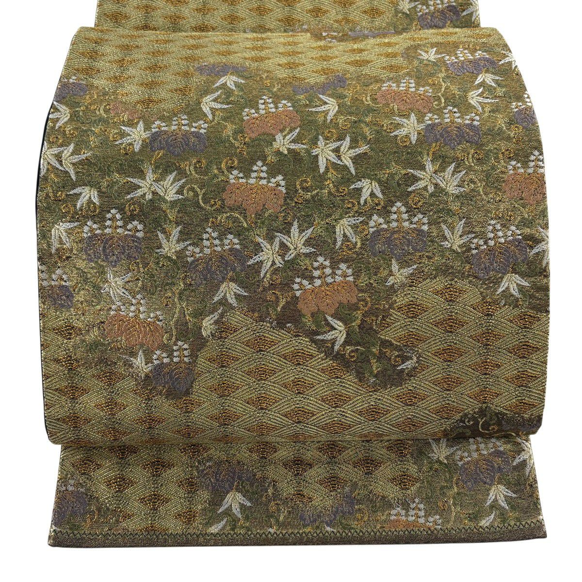 【美品】 袋帶 秀品級 草花紋 幾何圖案 金金箔 唐織 茶綠 六通 純蠶絲