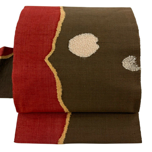 【美品】 名古屋帶 優品級 紬織織 幾何圖案 刺繡 焦茶 純蠶絲