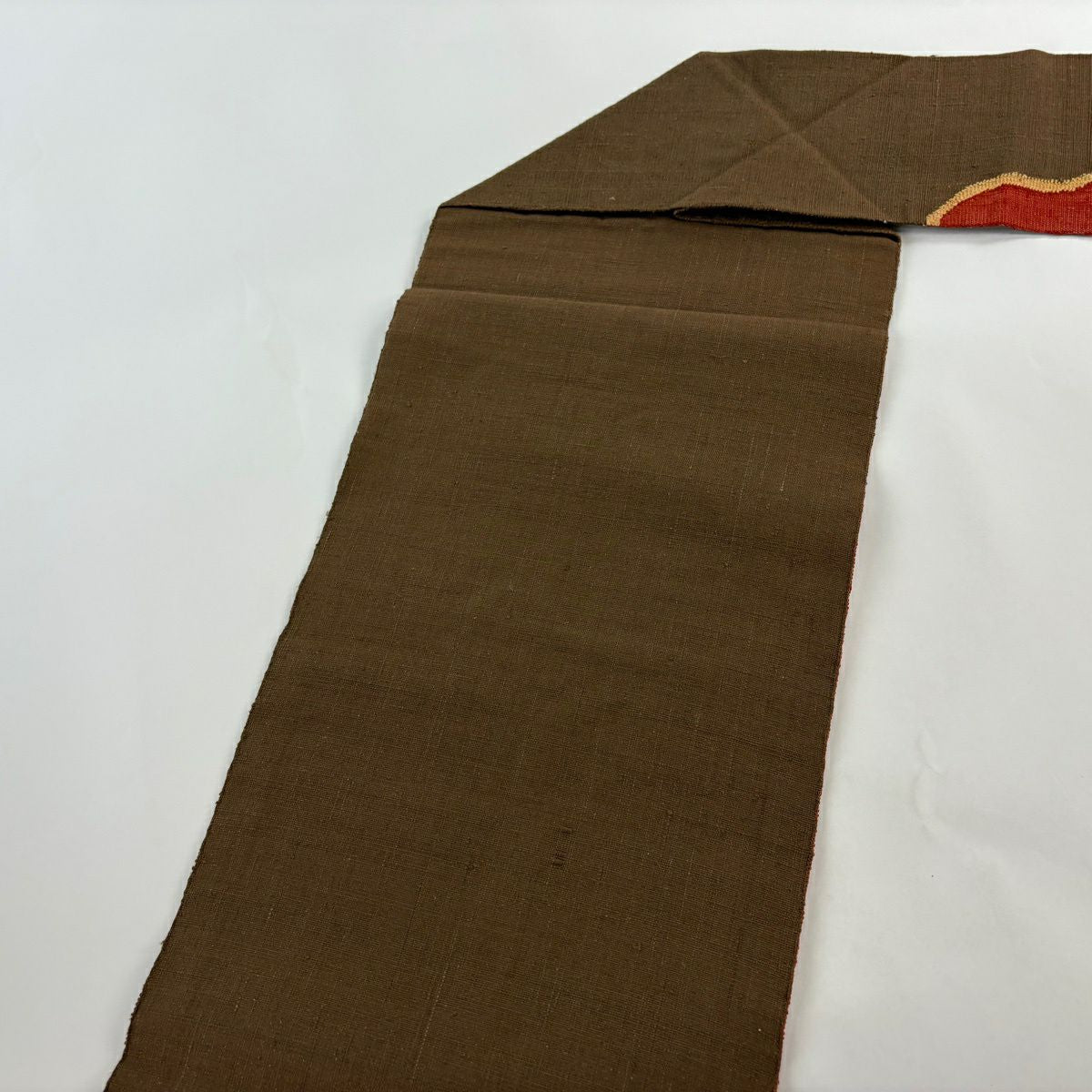 【美品】 名古屋帶 優品級 紬織織 幾何圖案 刺繡 焦茶 純蠶絲