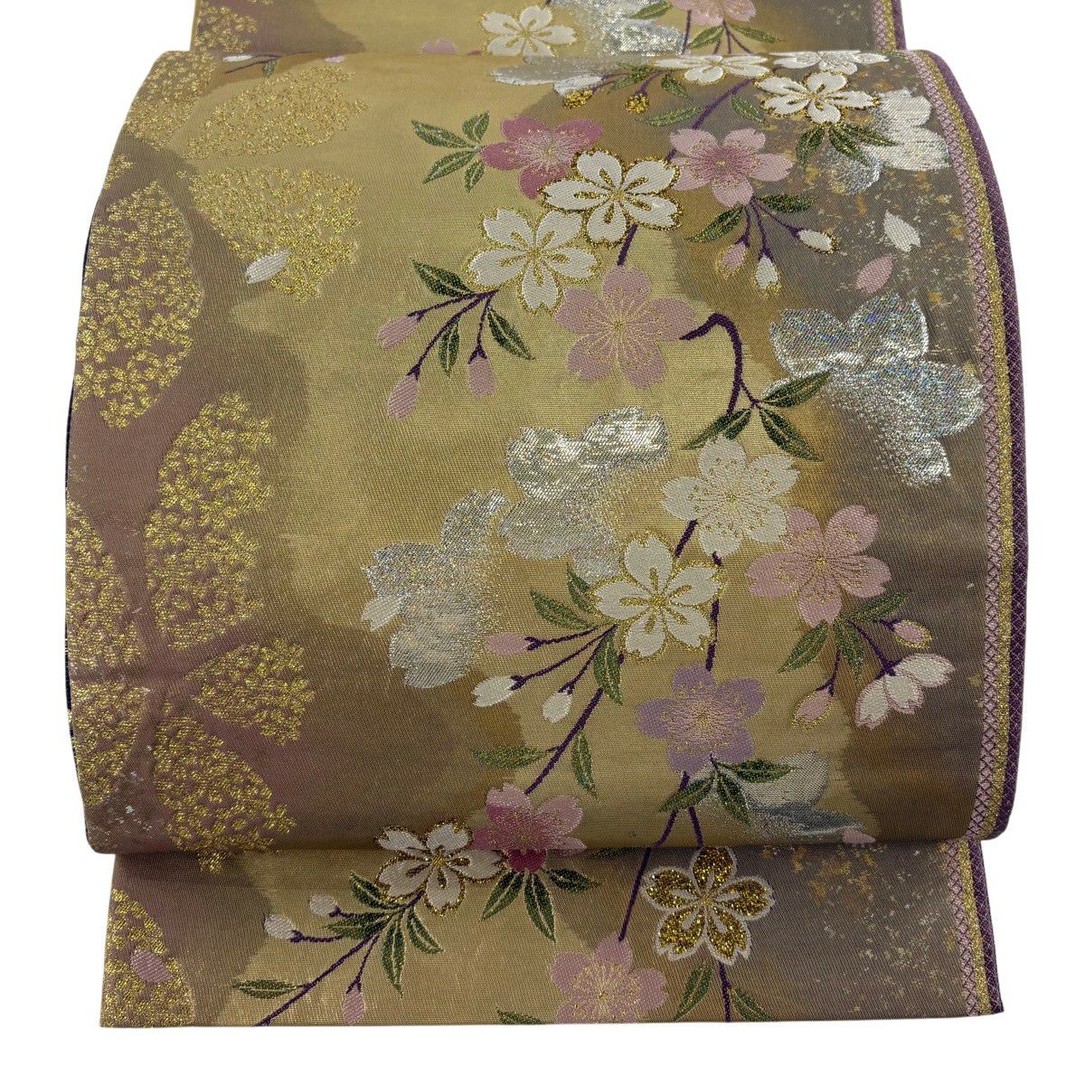 【美品】 袋帶 秀品級 大和 樱花 樱花花瓣 金金箔 金色 六通 純蠶絲